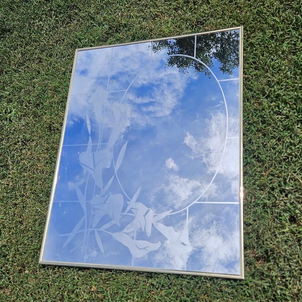 70s 80s vaporwave postmodern etched frosted art decor flowers mirror RARE